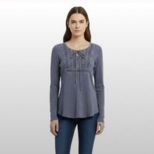 Grey Lucky Brand Crochet Yoke and Lace Up Long Sleeve Thermal Top